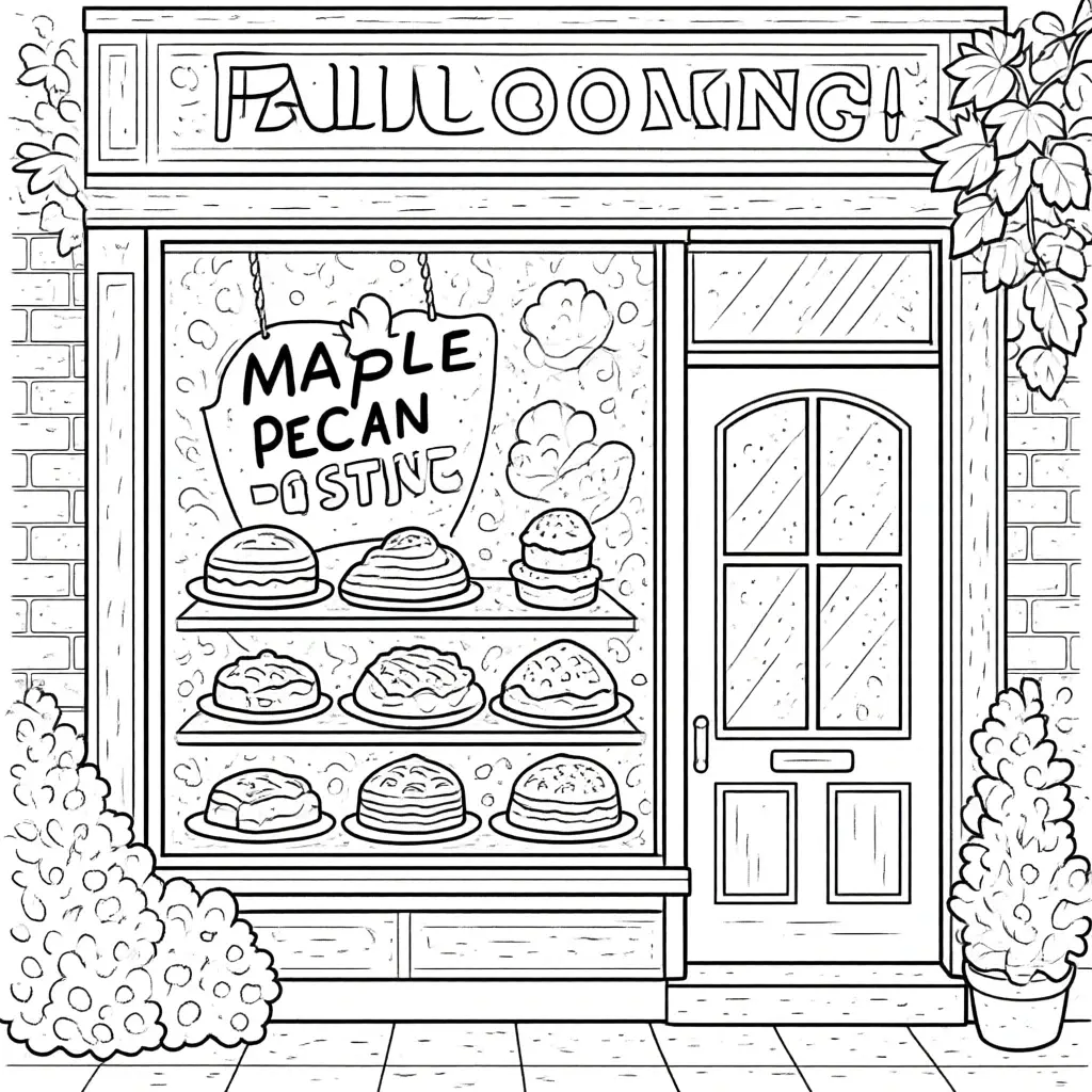 Black-and-white bakery storefront coloring page featuring maple pecan pastries and fall leaves detailed coloring page, kids' coloring page, printable coloring page, coloring sheets for autumn and cozy