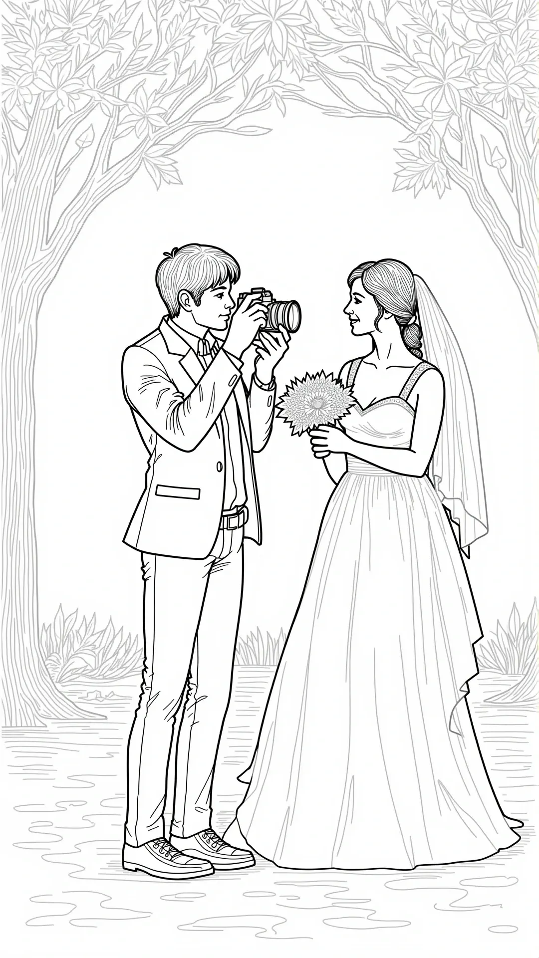 Black-and-white line drawing of a bride in a gown holding a bouquet and a groom taking her photo under trees; ideal for detailed coloring page, kids' coloring page, printable coloring page and