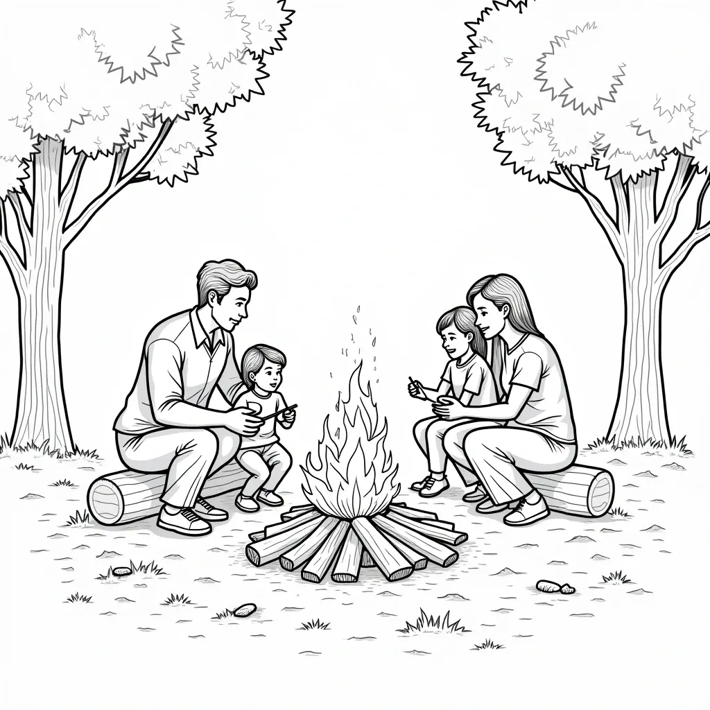 Black-and-white campfire scene of a family seated on logs around a fire in the woods detailed coloring page and kids' coloring page for a printable coloring page and coloring sheets.