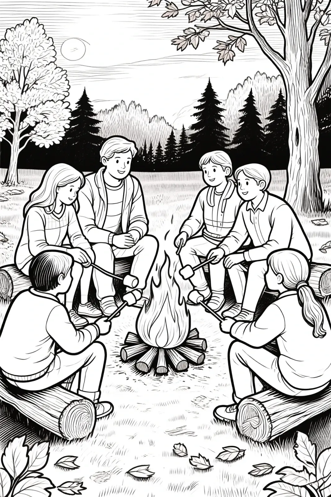 Black-and-white campfire scene with kids and people roasting marshmallows in the woods detailed coloring page ideal for kids' coloring page, printable coloring page and coloring sheets.