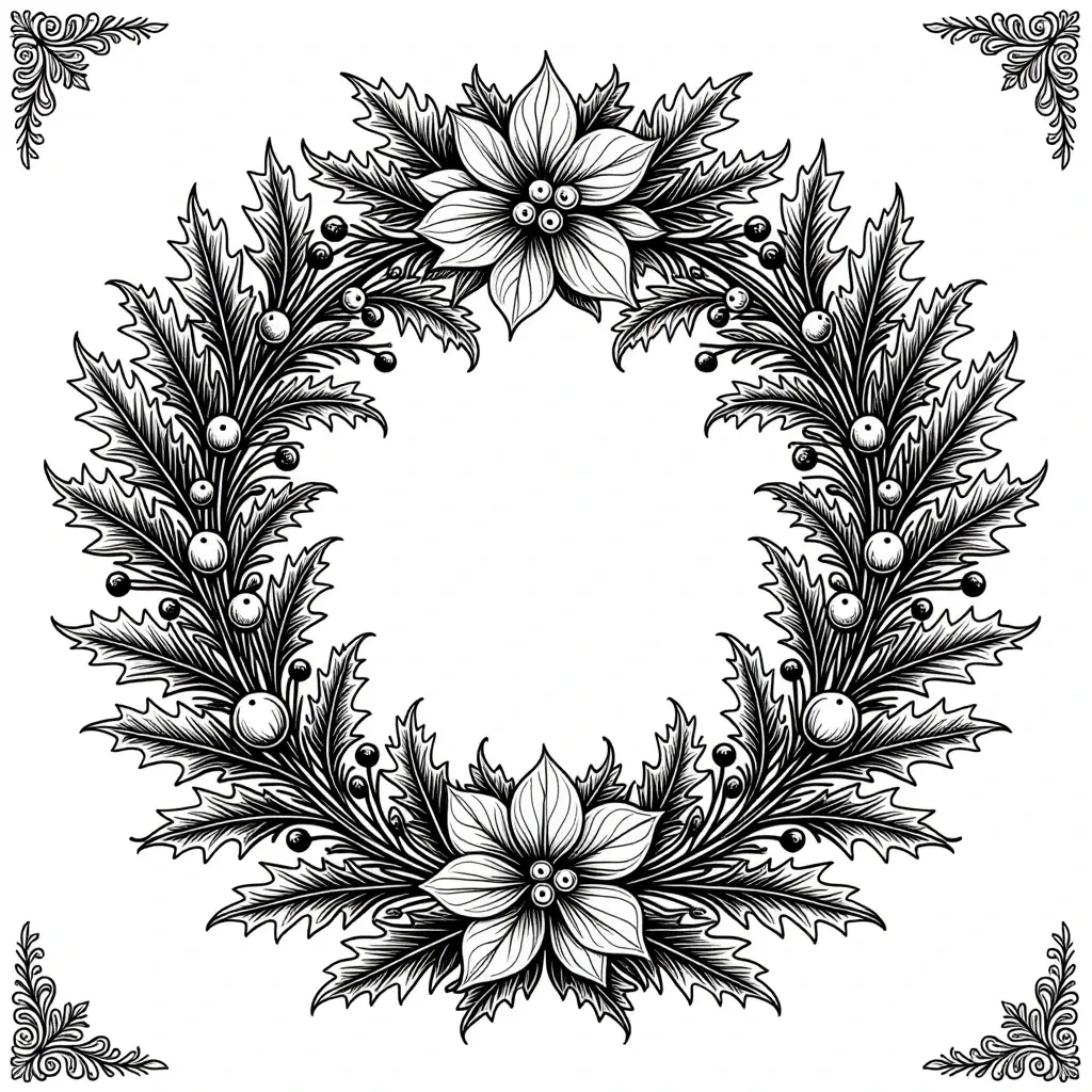 Black and white Christmas wreath coloring page with poinsettia and holly detailed coloring page for kids' coloring page and an adult printable coloring page of coloring sheets and mandala-style