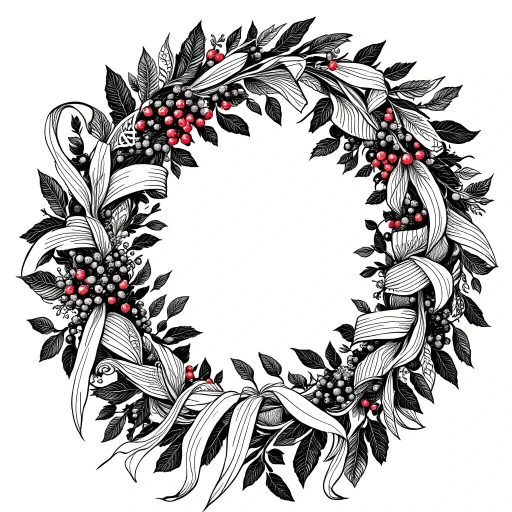 Black-and-white festive berry wreath outline for coloring with ribbons, leaves and clusters of berries printable coloring sheet for kids' coloring page and detailed coloring page, great for a