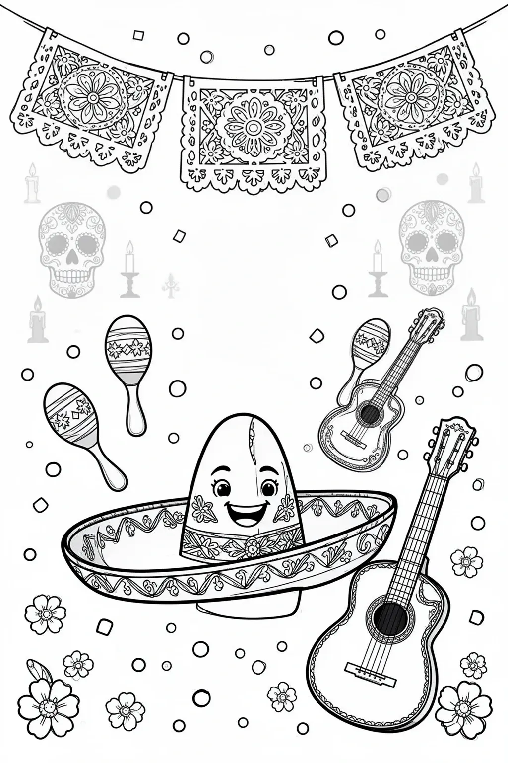 Cinco de Mayo coloring page: Sombrero, Papel Picado & Maracas.