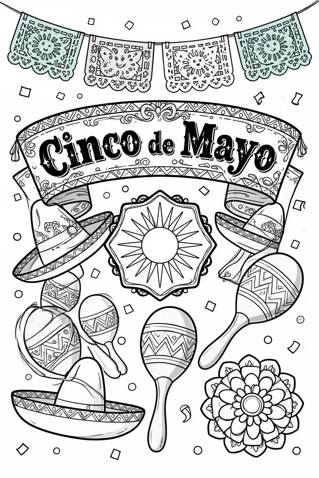 Cinco de Mayo coloring page with Sombrero, Banners & Maracas.
