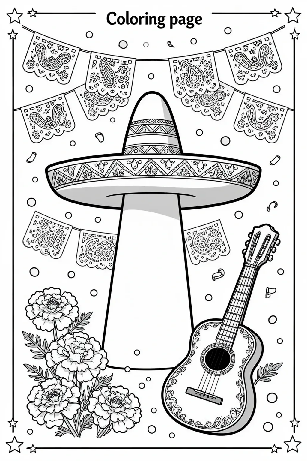 Cinco de Mayo coloring page: Festive Sombrero, Banners & Flowers.
