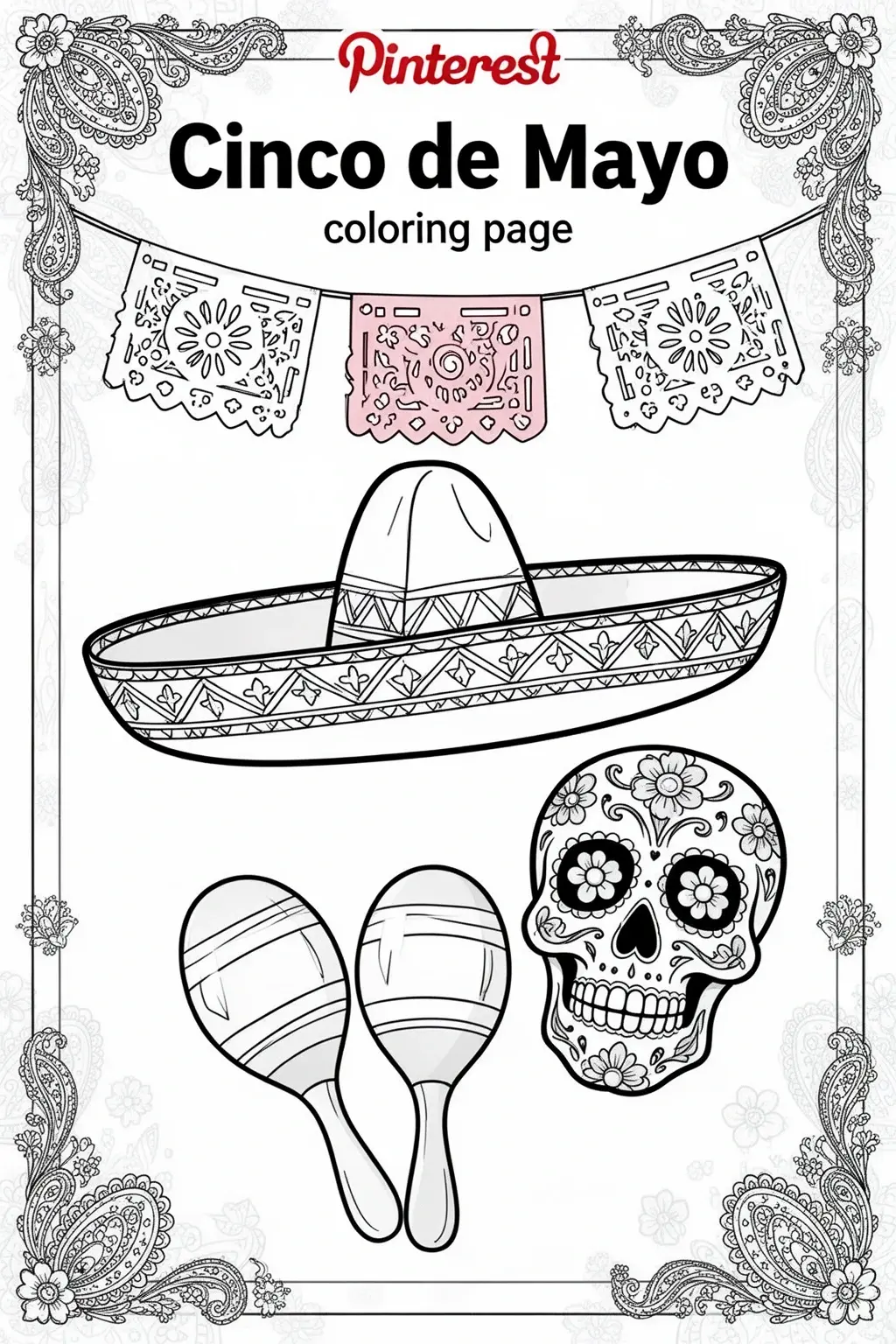 Cinco de Mayo coloring page Festive Sombrero & Papel Picado.