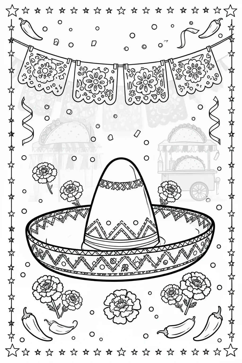Cinco de Mayo coloring page: Festive Sombrero & Papel Picado.