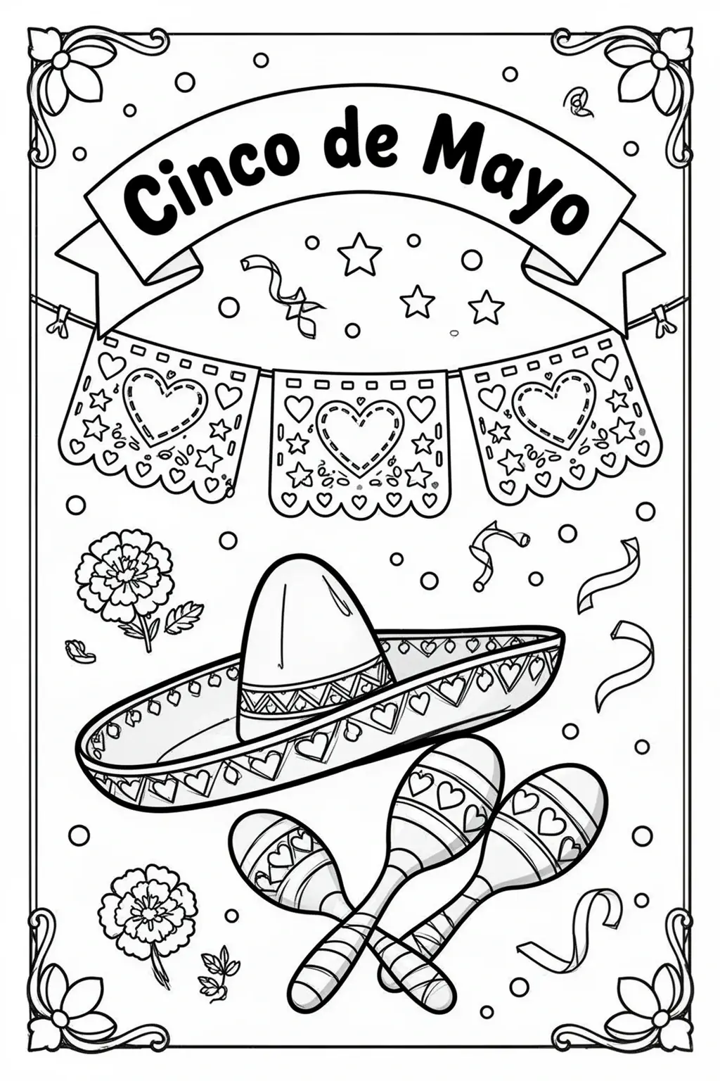 Cinco de Mayo coloring page: Festive Banner, Sombrero & Maracas.