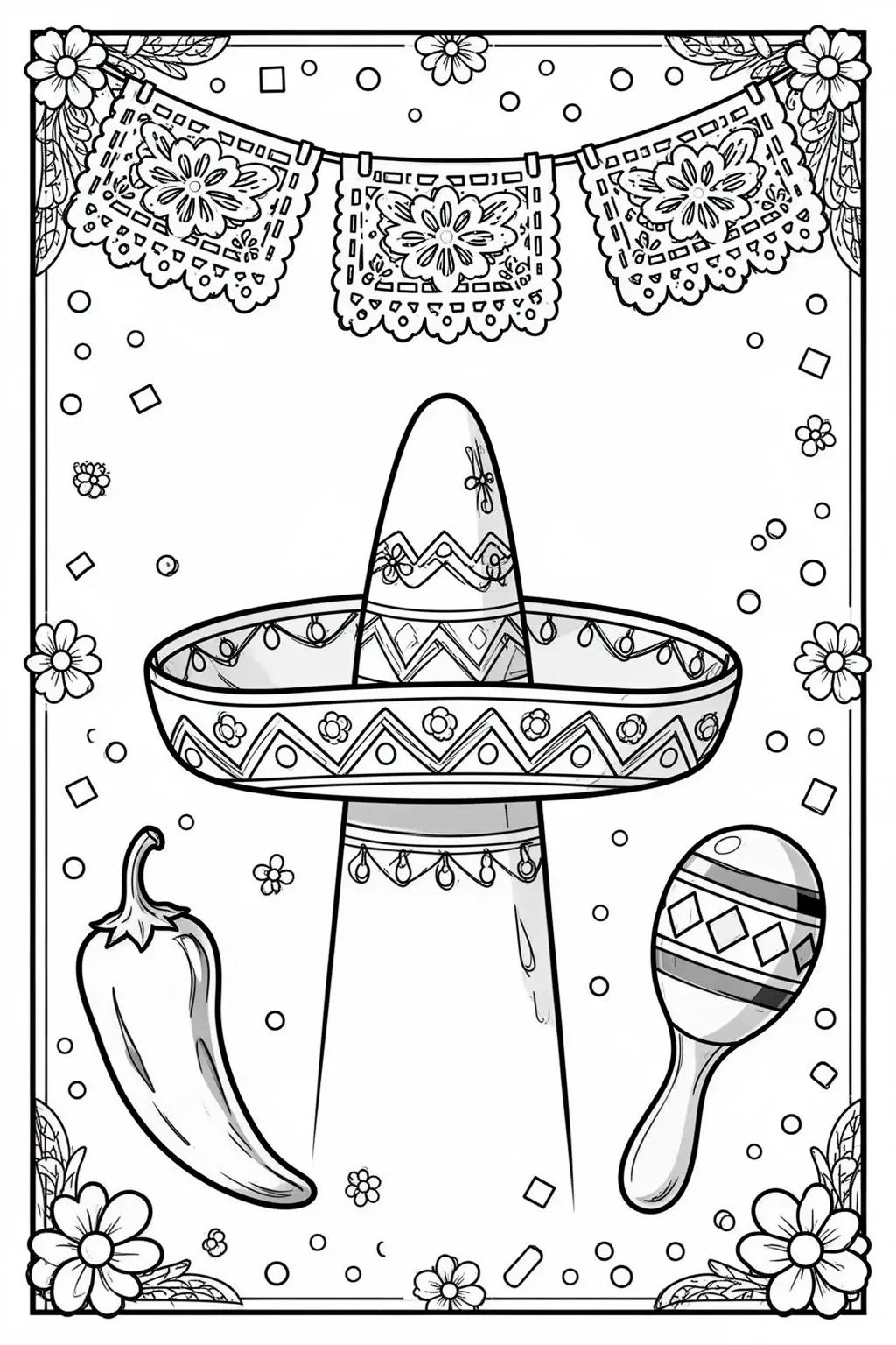 Cinco de Mayo coloring page | Sombrero, Maracas & Papel Picado.