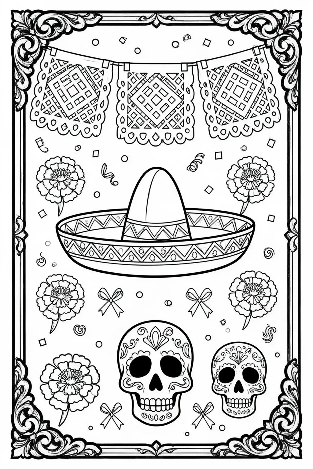 Cinco de Mayo Fiesta coloring page with Sombrero & Papel Picado.