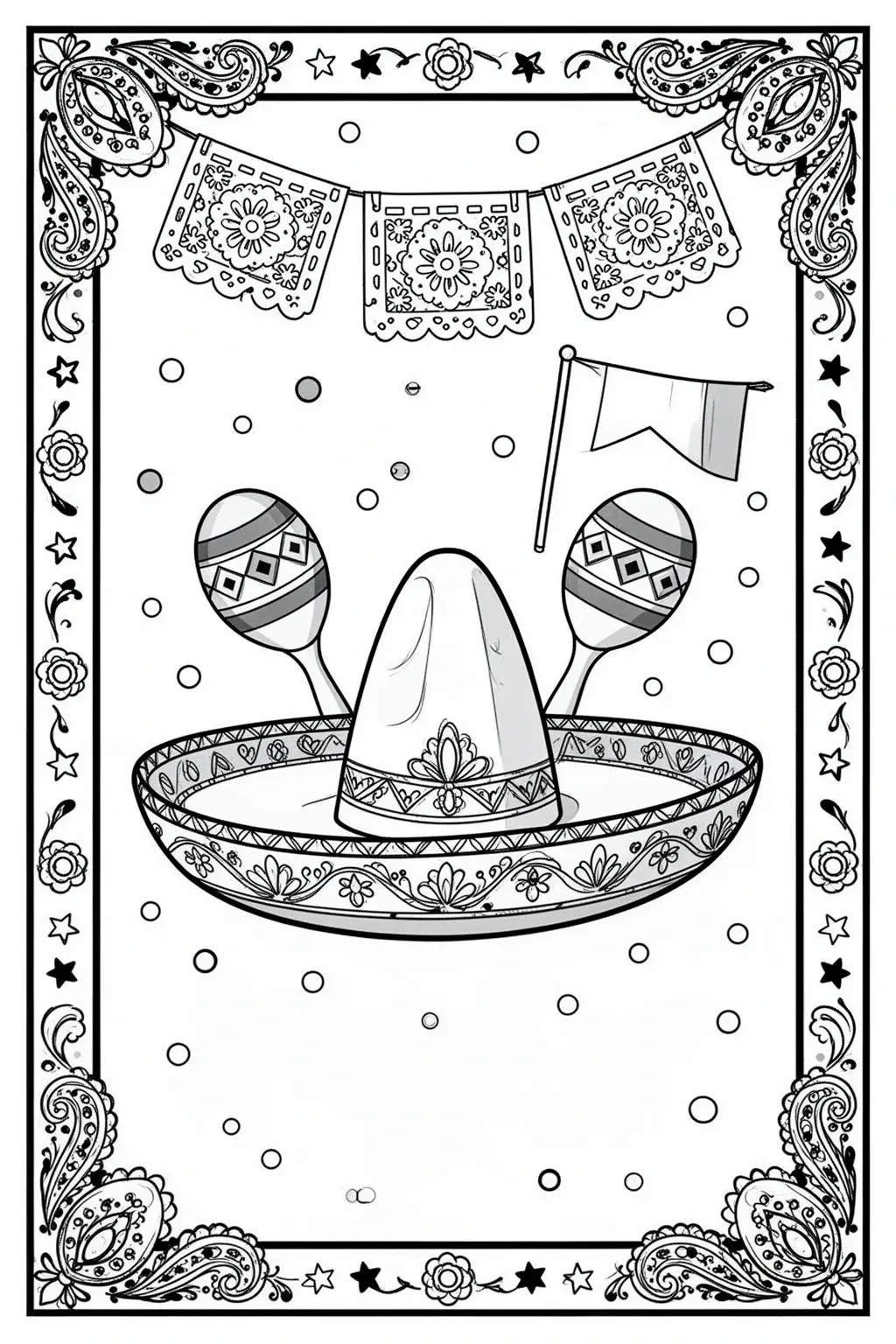 Cinco de Mayo coloring page: Sombrero & Papel Picado Banners.