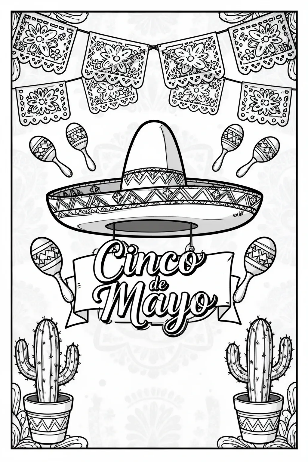 Cinco de Mayo Fiesta coloring page | Sombrero, Banners & Maracas.