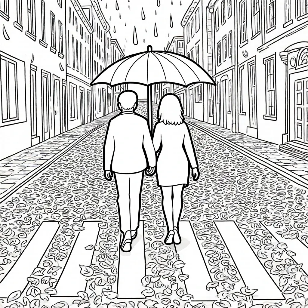 Black-and-white line art of a couple walking down a cobblestone street under an umbrella with raindrops and scattered leaves detailed coloring page, kids' coloring page, printable coloring page and