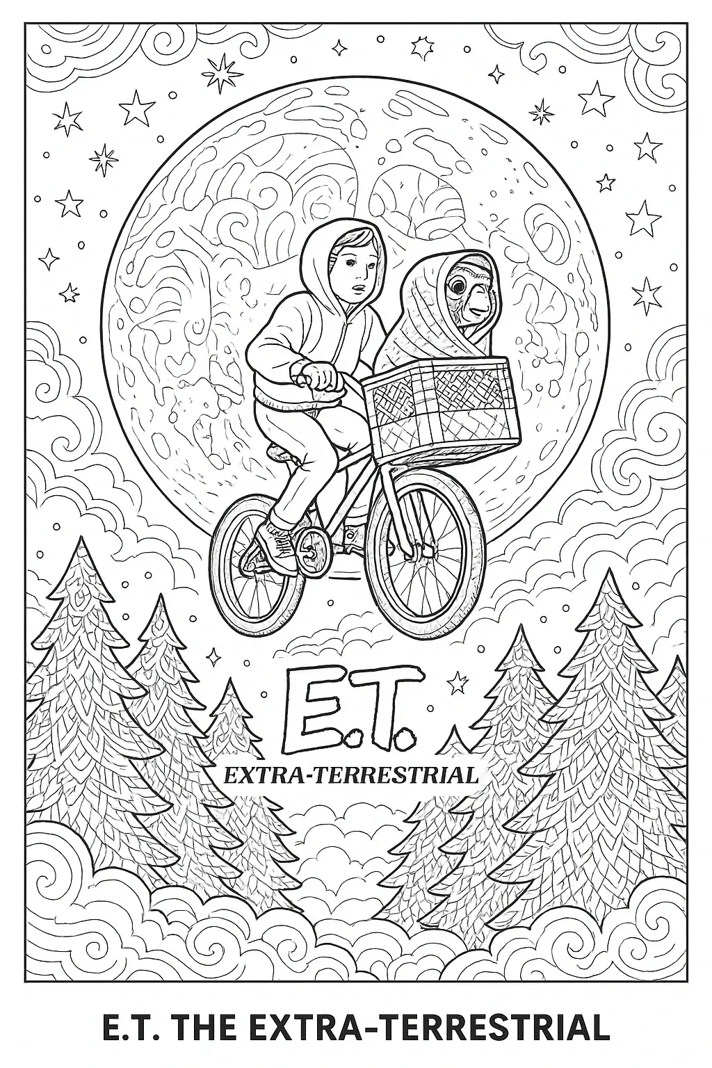 Black and white E.T. movie coloring page showing a child pedaling a bicycle with E.T. in the front basket flying across the moon; detailed coloring page, kids' coloring page, printable coloring page