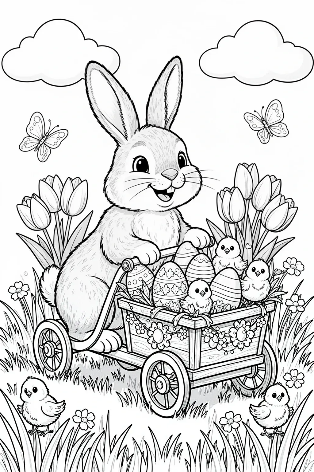 Detailed coloring page of a bunny pulling a wagon filled with Easter eggs, tulips, chicks, and meadow details.