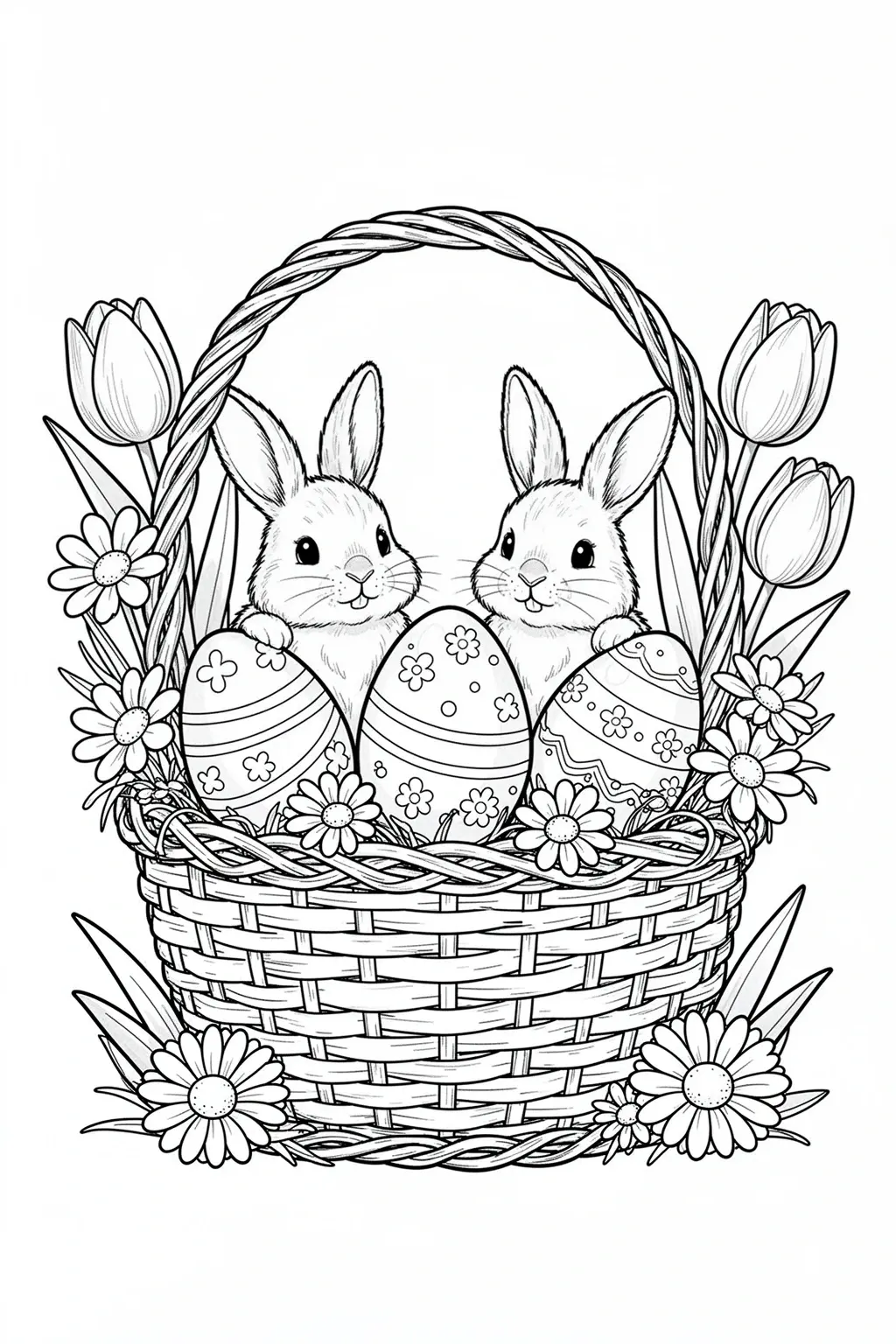 Black-and-white coloring page of an Easter basket filled with eggs, flowers, and two small bunnies.