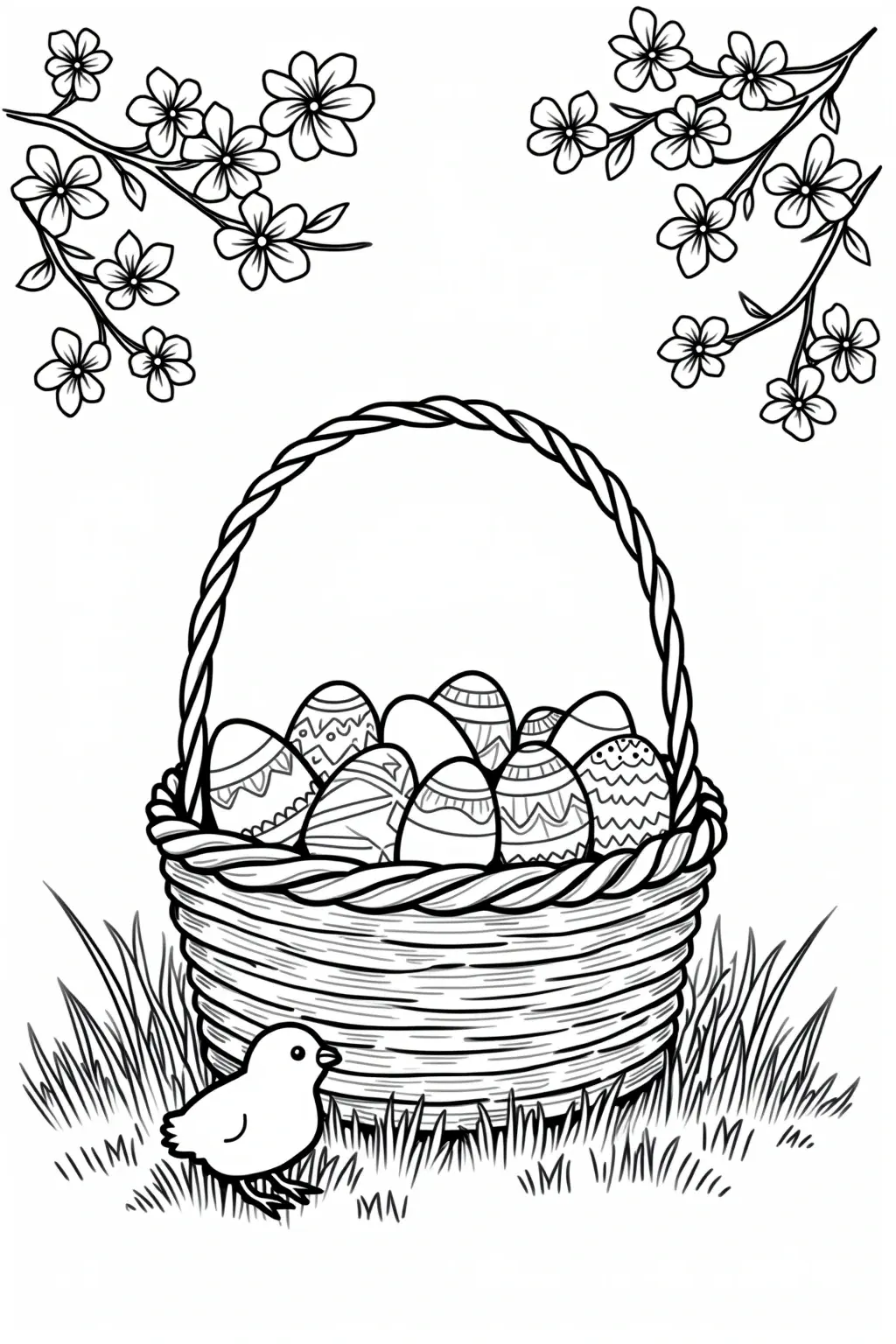Black and white Easter coloring page showing a woven basket filled with decorated eggs, a small chick in grass, and cherry blossom branches above. Ideal for detailed coloring page, kids' coloring