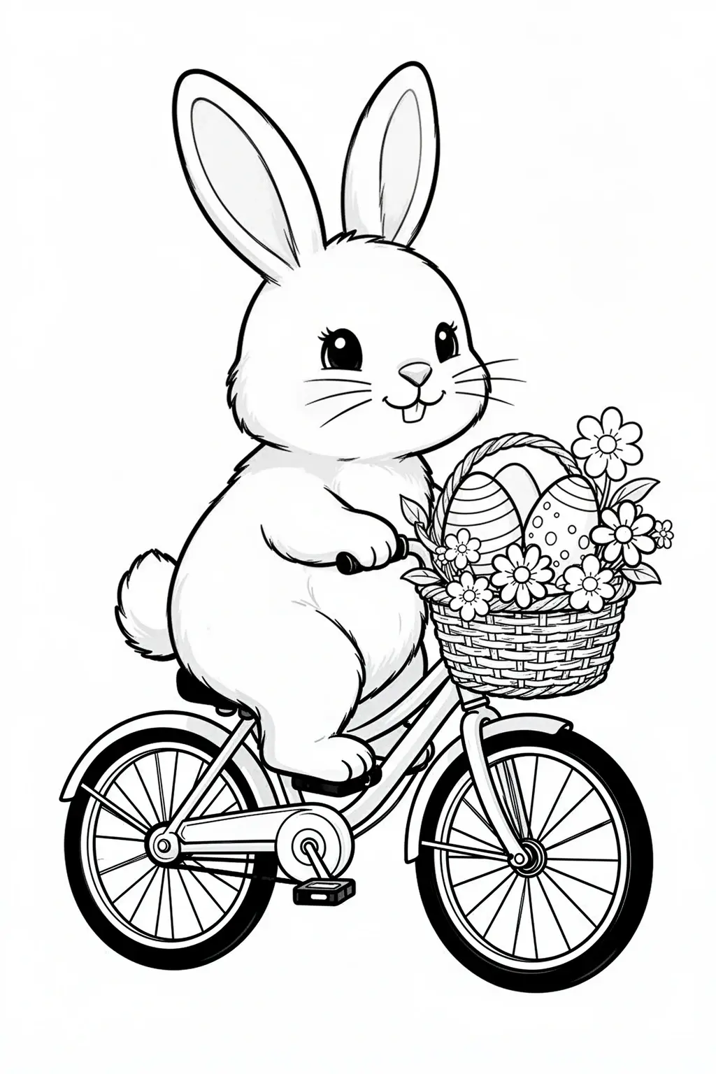 Black-and-white coloring page of easter bunny bicycle coloring page.