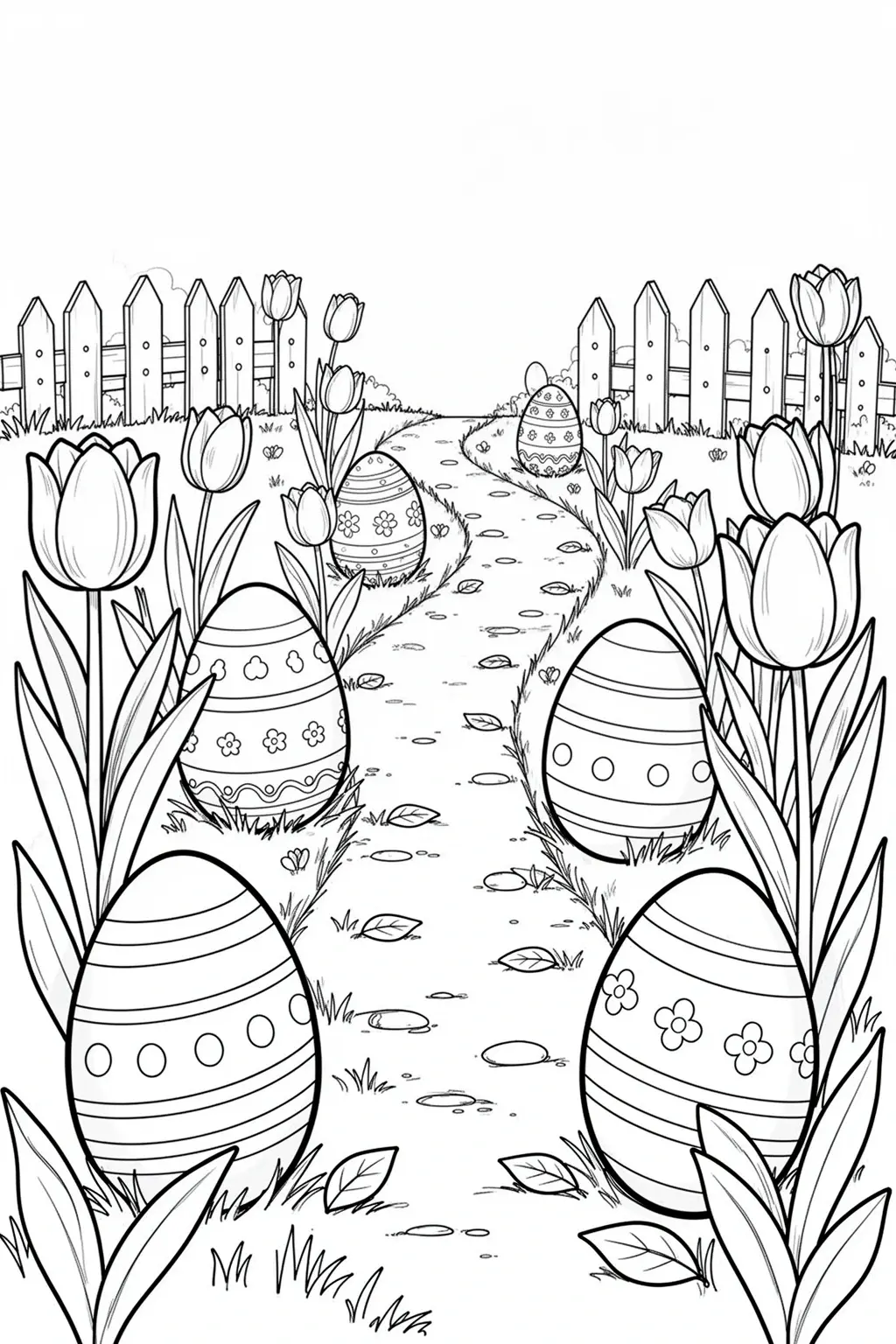 Black-and-white coloring page of a spring garden path lined with decorated Easter eggs and tulips.