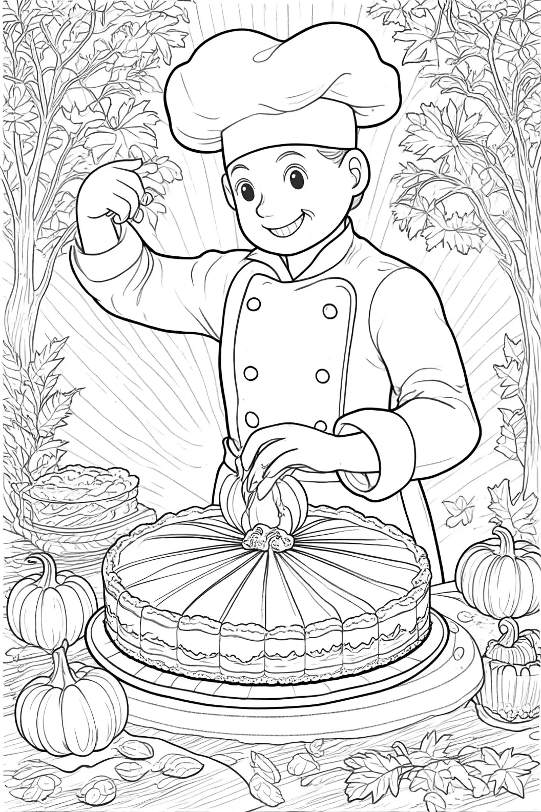 Black-and-white line art of a smiling chef decorating a pumpkin pie surrounded by pumpkins and leaves detailed coloring page, kids' coloring page, printable coloring page and coloring sheets for fall.
