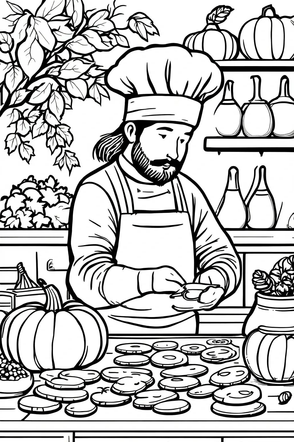 Black-and-white fall baking scene showing a chef arranging cookies on a table with pumpkins and shelves in the background. Designed as detailed coloring page suitable for kids' coloring page and as a
