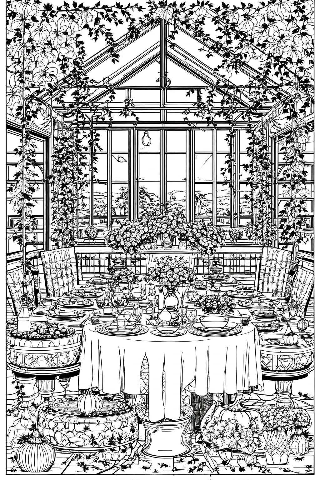 Intricate fall harvest dining room coloring page with table set, pumpkins, flowers and hanging vines detailed coloring page, kids' coloring page, printable coloring page, coloring sheets.