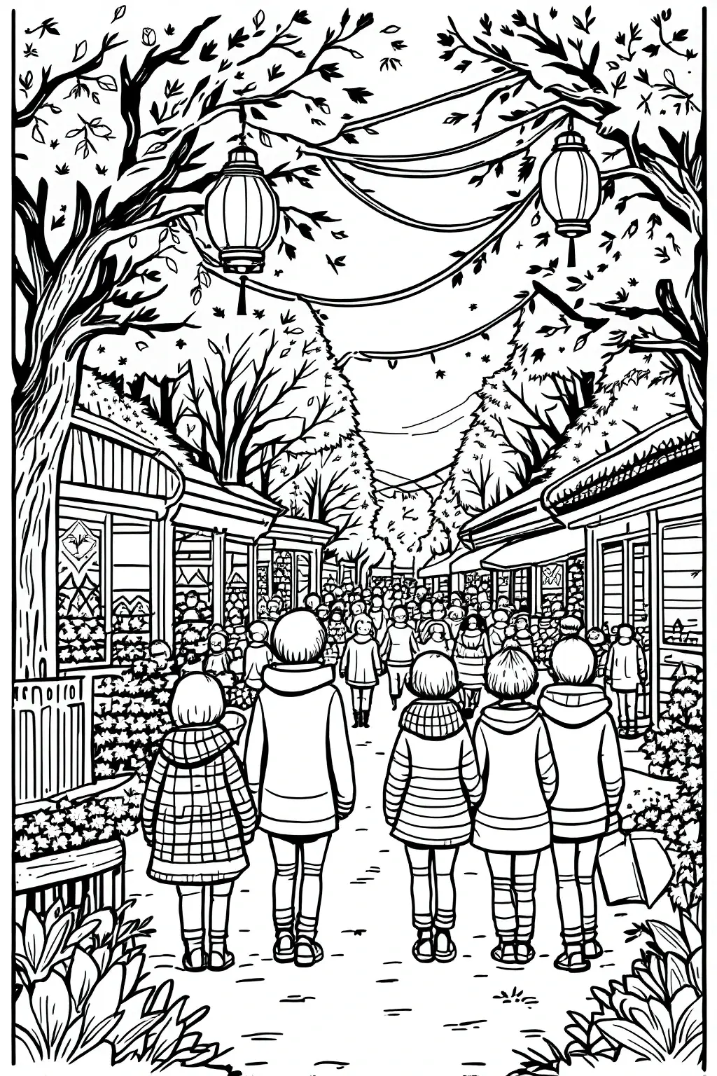 Black-and-white detailed street market coloring page with people walking under trees and lanterns detailed coloring page, kids' coloring page, printable coloring page and coloring sheets.