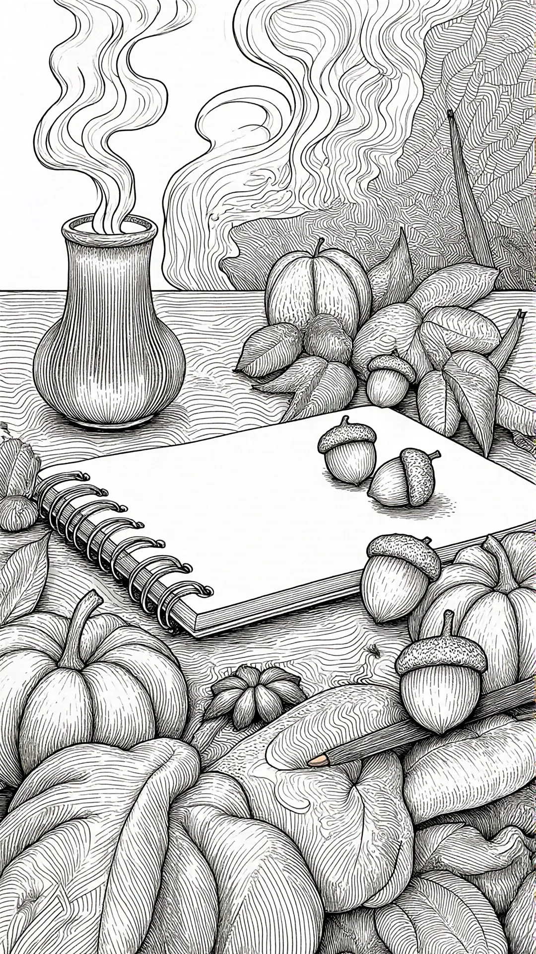 Black-and-white fall still life sketch with pumpkins, acorns, leaves, a spiral sketchbook and a vase with steam great detailed coloring page, kids' coloring page, printable coloring page and