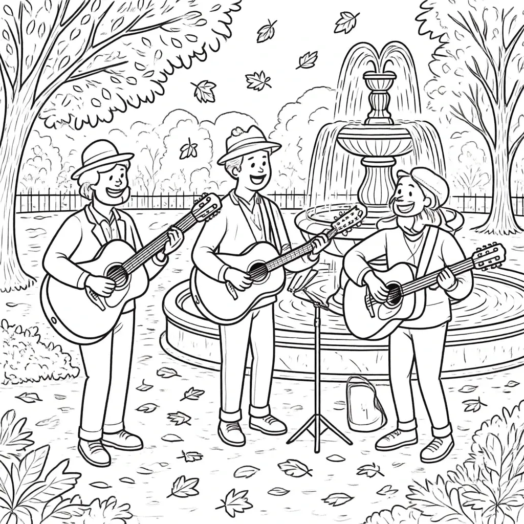 Line art of three people playing guitars by a fountain in a park surrounded by falling leaves; ideal as detailed coloring page, kids' coloring page, printable coloring page and coloring sheets for