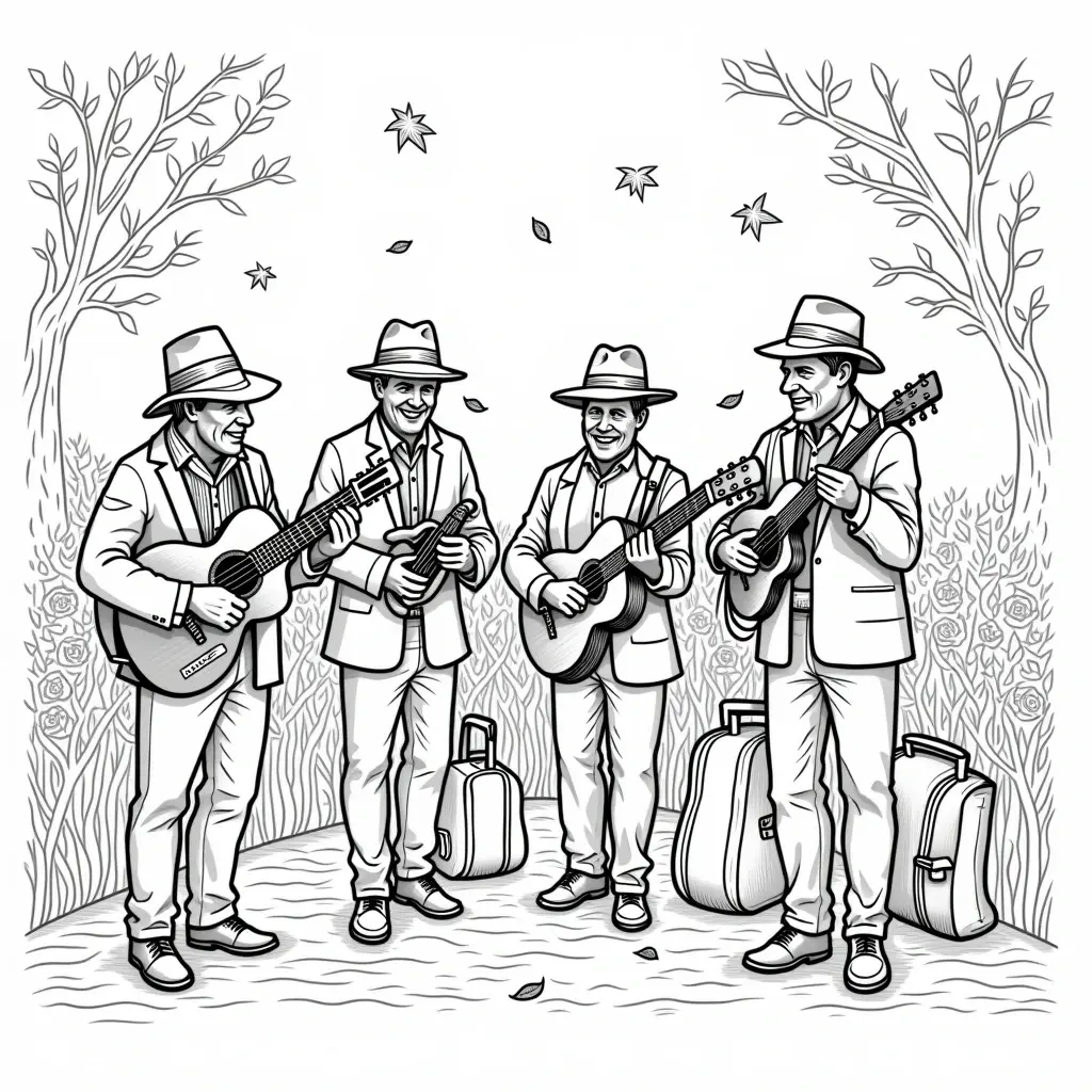Black-and-white illustration of four people playing guitars outdoors with leaves and flowers detailed coloring page, kids' coloring page, printable coloring page and coloring sheets showing people