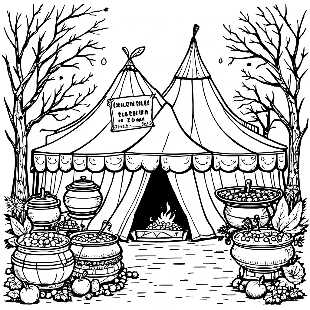 Black-and-white fall tent scene with bubbling cauldrons and pumpkins detailed coloring page and kids' coloring page printable coloring page coloring sheets for Halloween and autumn activities.