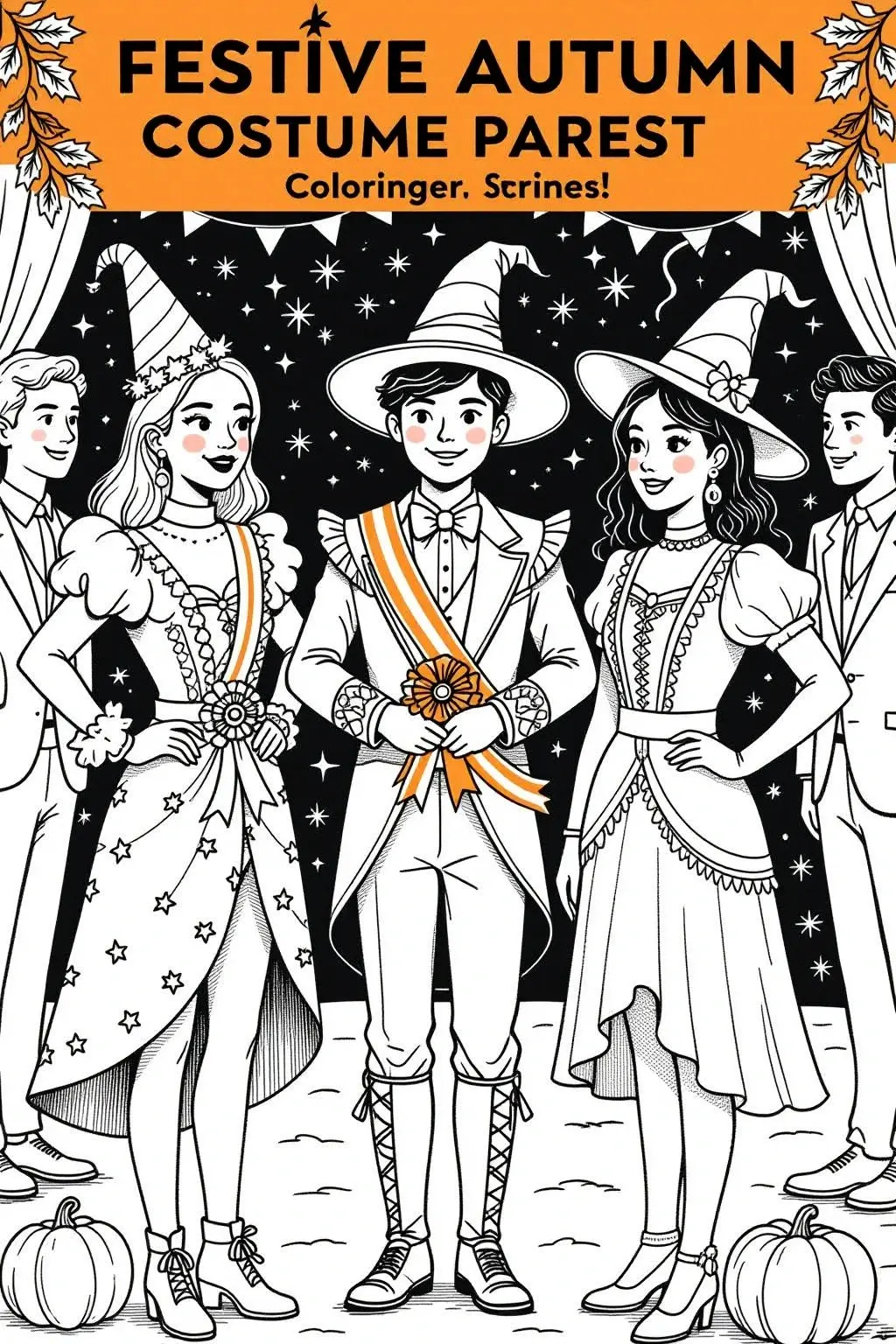 Black-and-white festive autumn costume page showing people in witch hats and formal costumes on stage with pumpkins detailed coloring page, kids' coloring page, printable coloring page, coloring