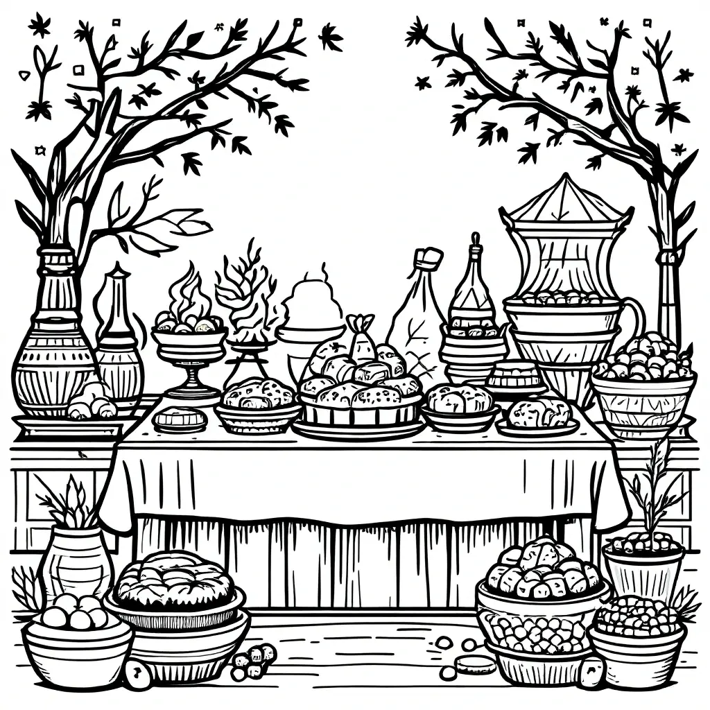 Black and white harvest table line art with bowls, bread, fruits, vases and trees detailed coloring page, kids' coloring page, printable coloring page, coloring sheets for fall and holiday fun.