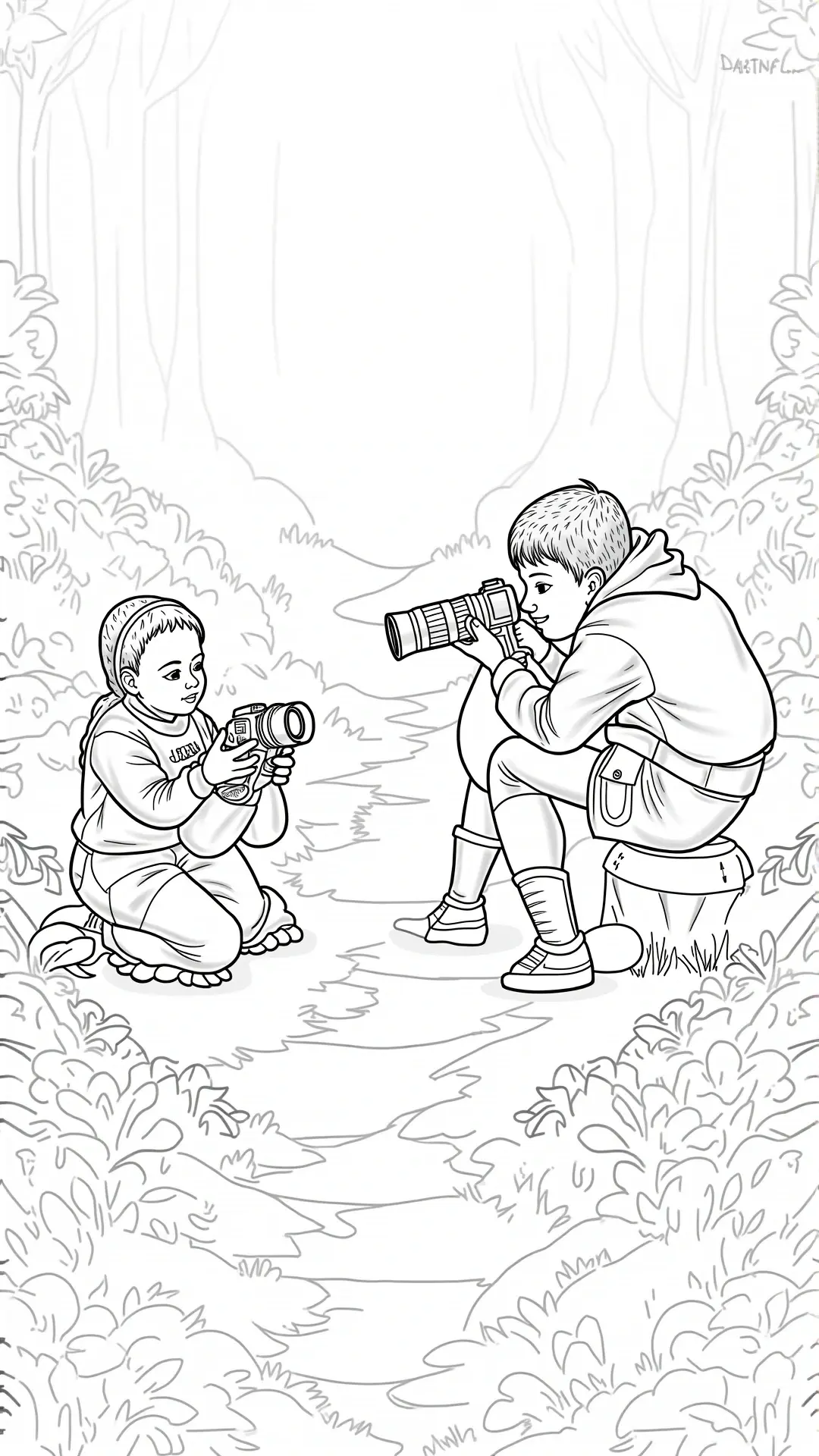 Line art showing two kids photographing each other in a forest scene; ideal for detailed coloring page, kids' coloring page, printable coloring page and coloring sheets; people-themed outdoor scene