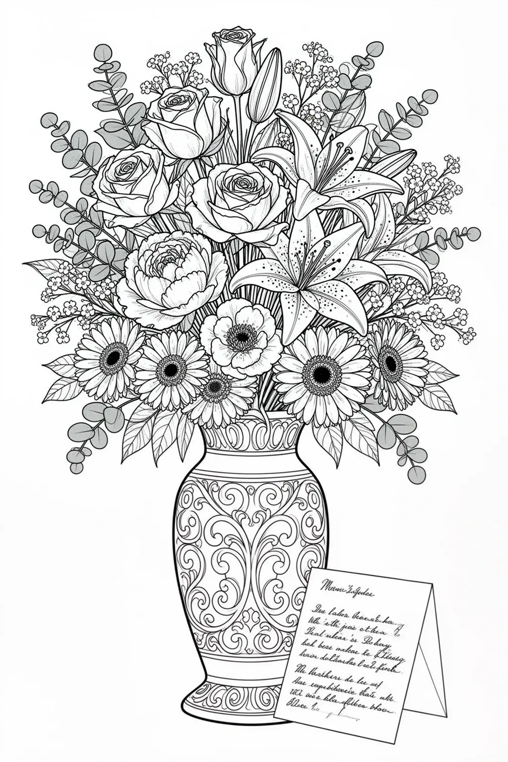 Free Mother's Day coloring page Flower Bouquet Vase | Printable PDF.