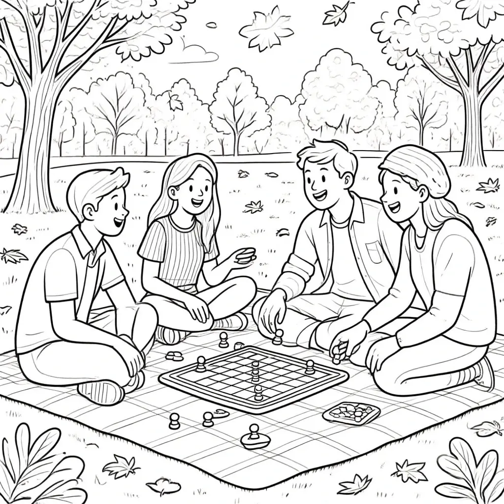 Black-and-white picnic scene with four people sitting on a blanket playing a board game in a park; detailed coloring page for kids' coloring page and a printable coloring page sheet; fall leaves and