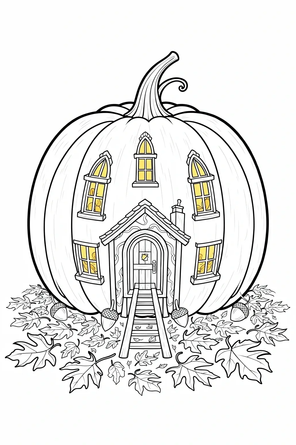 Pumpkin house coloring page with ladder, windows and scattered fall leaves detailed coloring page, kids' coloring page, printable coloring page and coloring sheets for fall and Halloween.