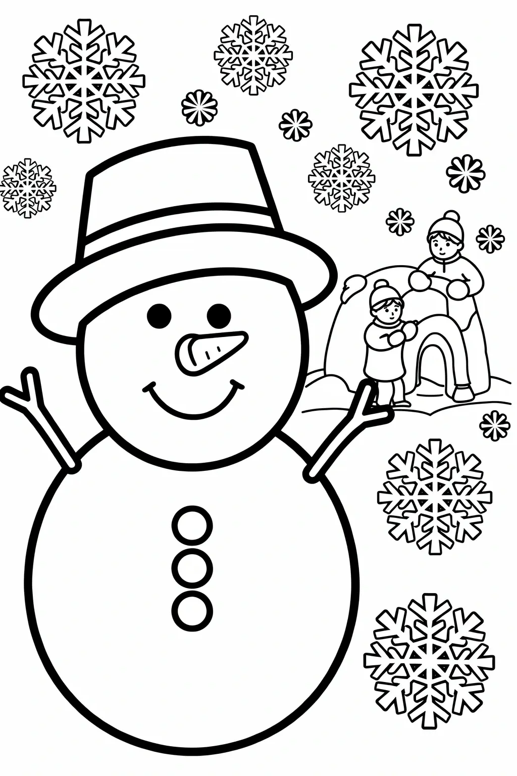 Black-and-white winter coloring page featuring a smiling snowman, snowflakes, and kids building an igloo detailed coloring page, kids' coloring page, printable coloring page, coloring sheets.