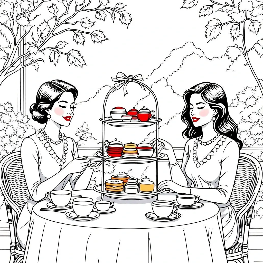 Two women having an elegant tea party in a garden with tiered tray of pastries detailed coloring page, kids' coloring page, printable coloring page, coloring sheets featuring people in a spring/summer