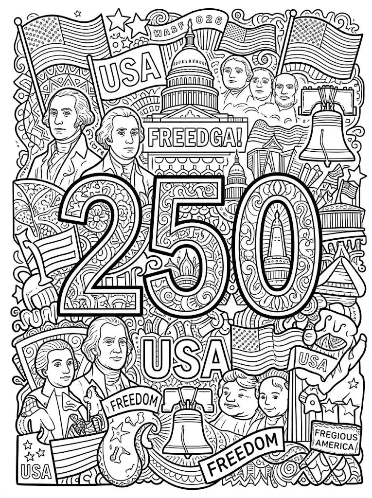Black and white patriotic USA 250 coloring page featuring American flags, the Capitol, the Liberty Bell, historic figures, and bold freedom-themed lettering, designed as detailed coloring page, kids'