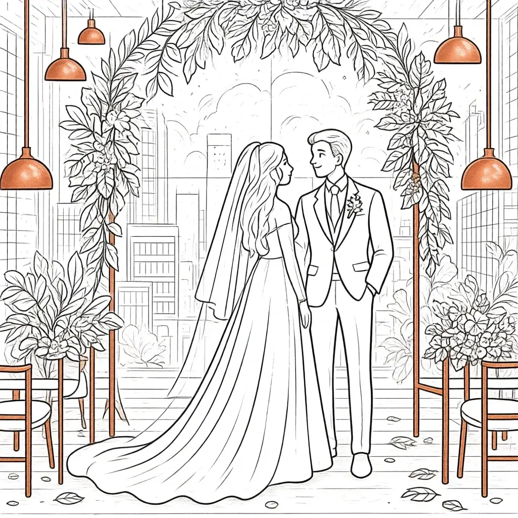 Black-and-white wedding coloring page showing a bride and groom under a floral arch in a city venue detailed coloring page, kids' coloring page, printable coloring page and coloring sheets for people.