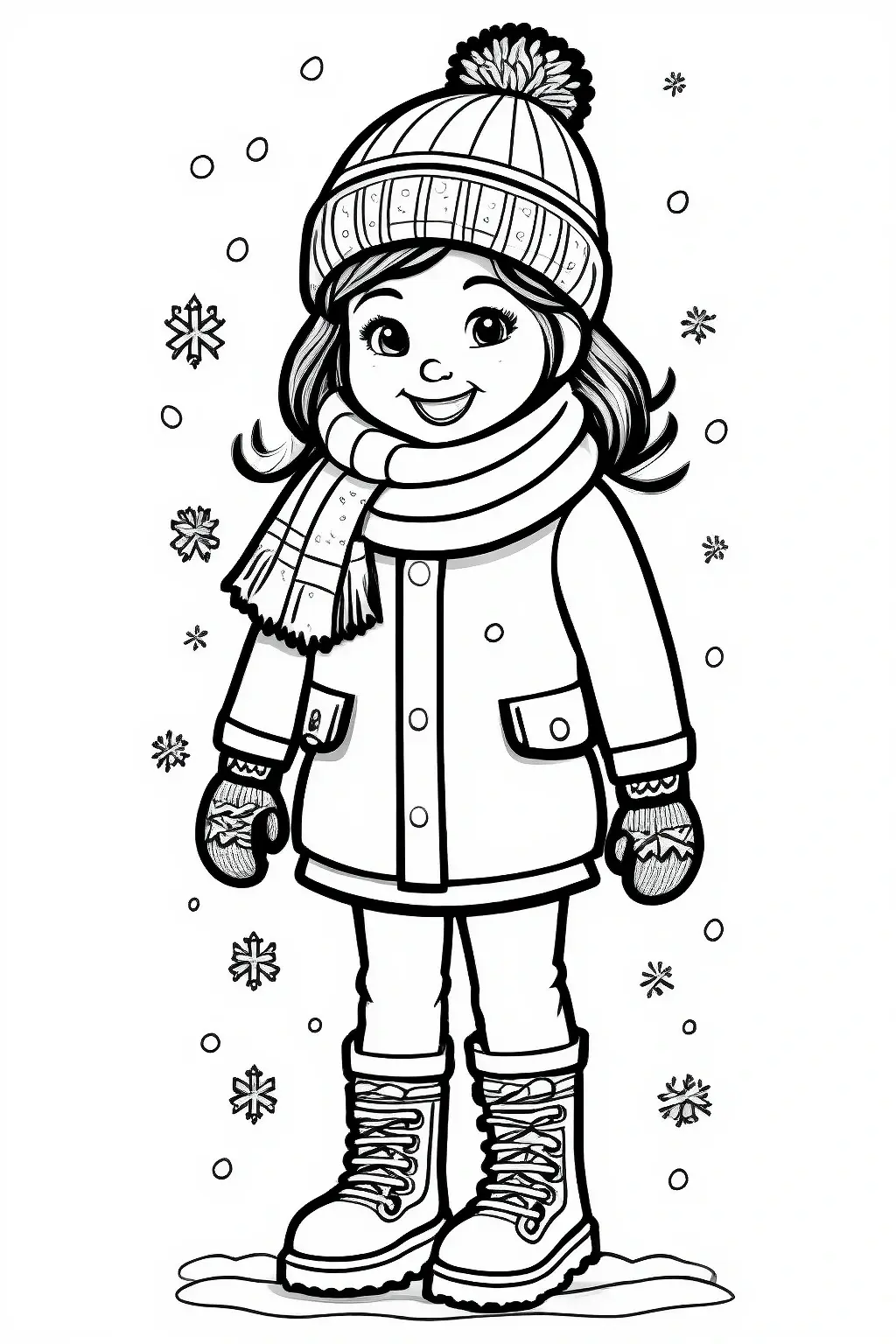 Cute winter girl wearing a knit hat, scarf, coat, mittens, and boots surrounded by snowflakes, designed as a detailed coloring page with winter coloring sheets for kids' coloring page and a printable
