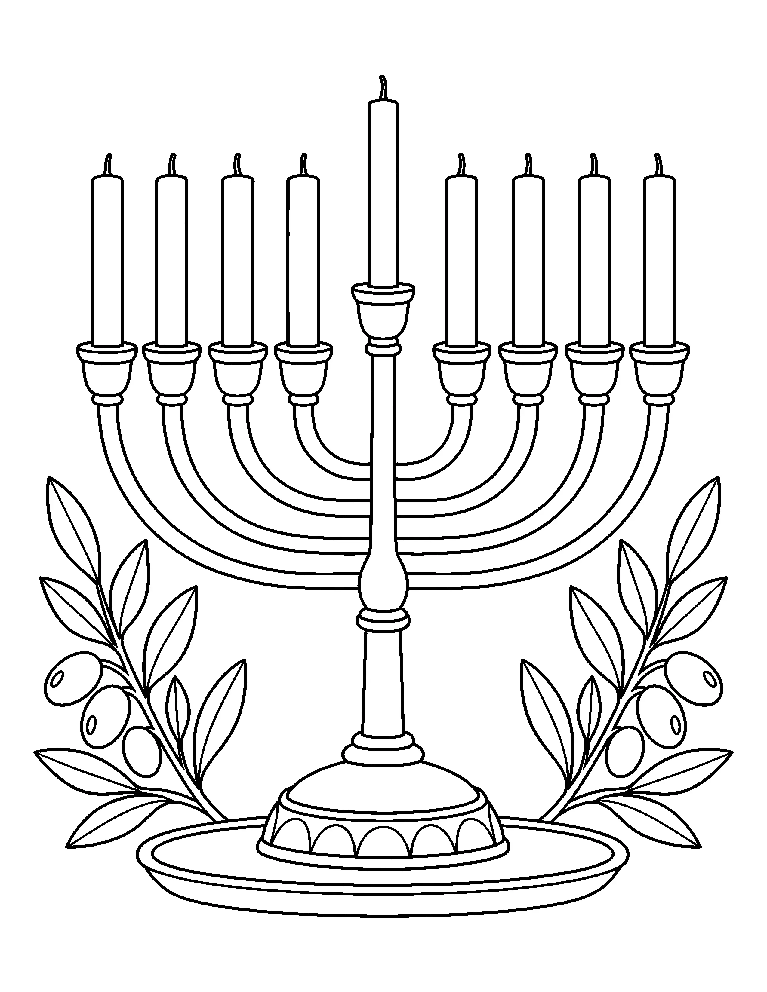 A nine-candle Hanukkah menorah with leafy branches and berries stands on a decorative base in this coloring page.