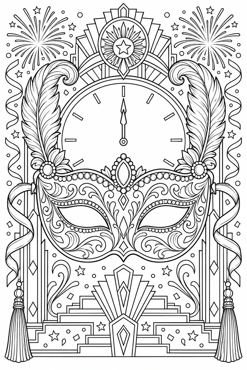 Black-and-white coloring page of an ornate masquerade mask with a clock face, fireworks, stars, and flowing ribbons.