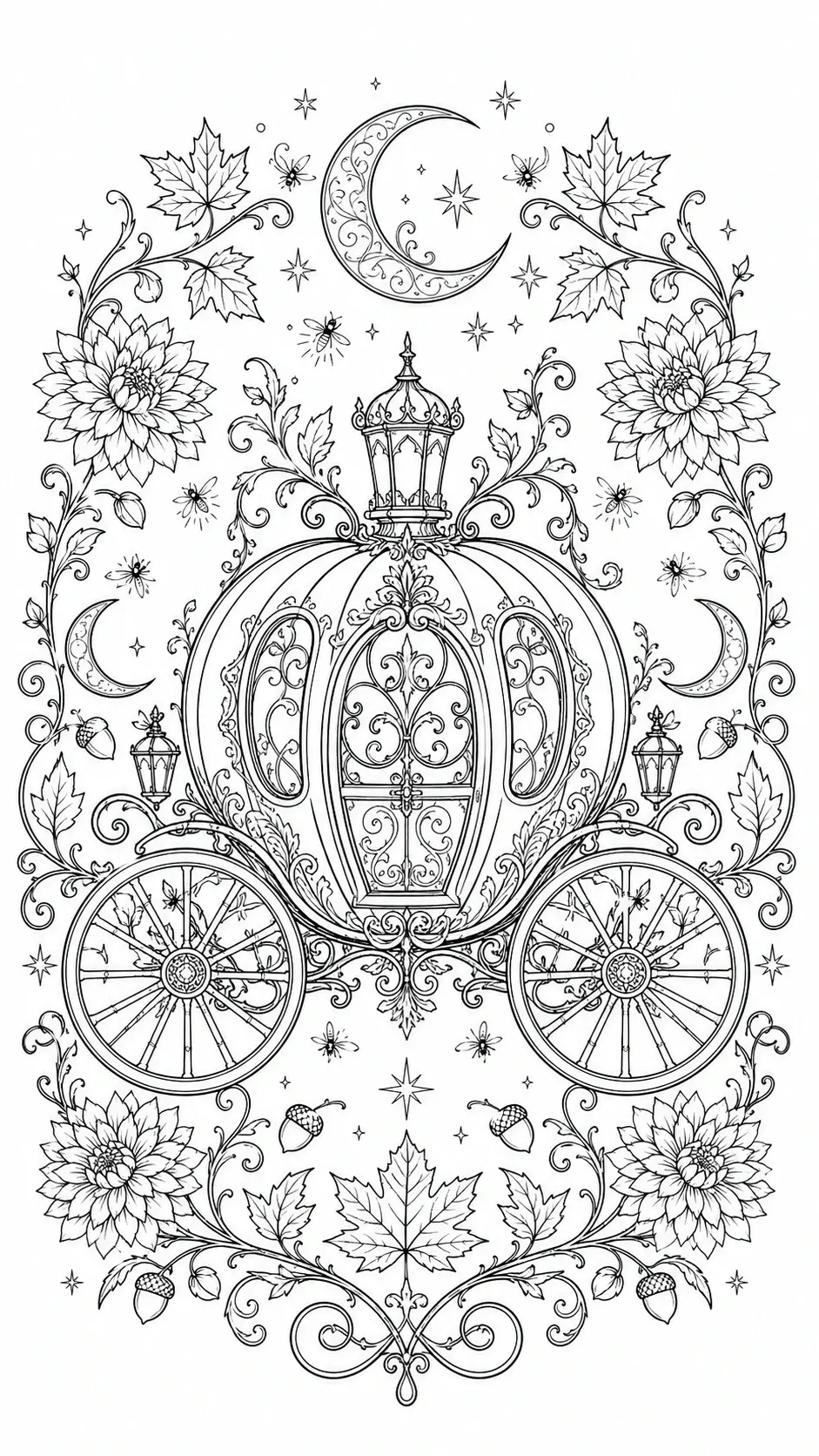 A detailed coloring page showing a pumpkin carriage with a crescent moon, stars, flowers, and curling vines in black-and-white line art.