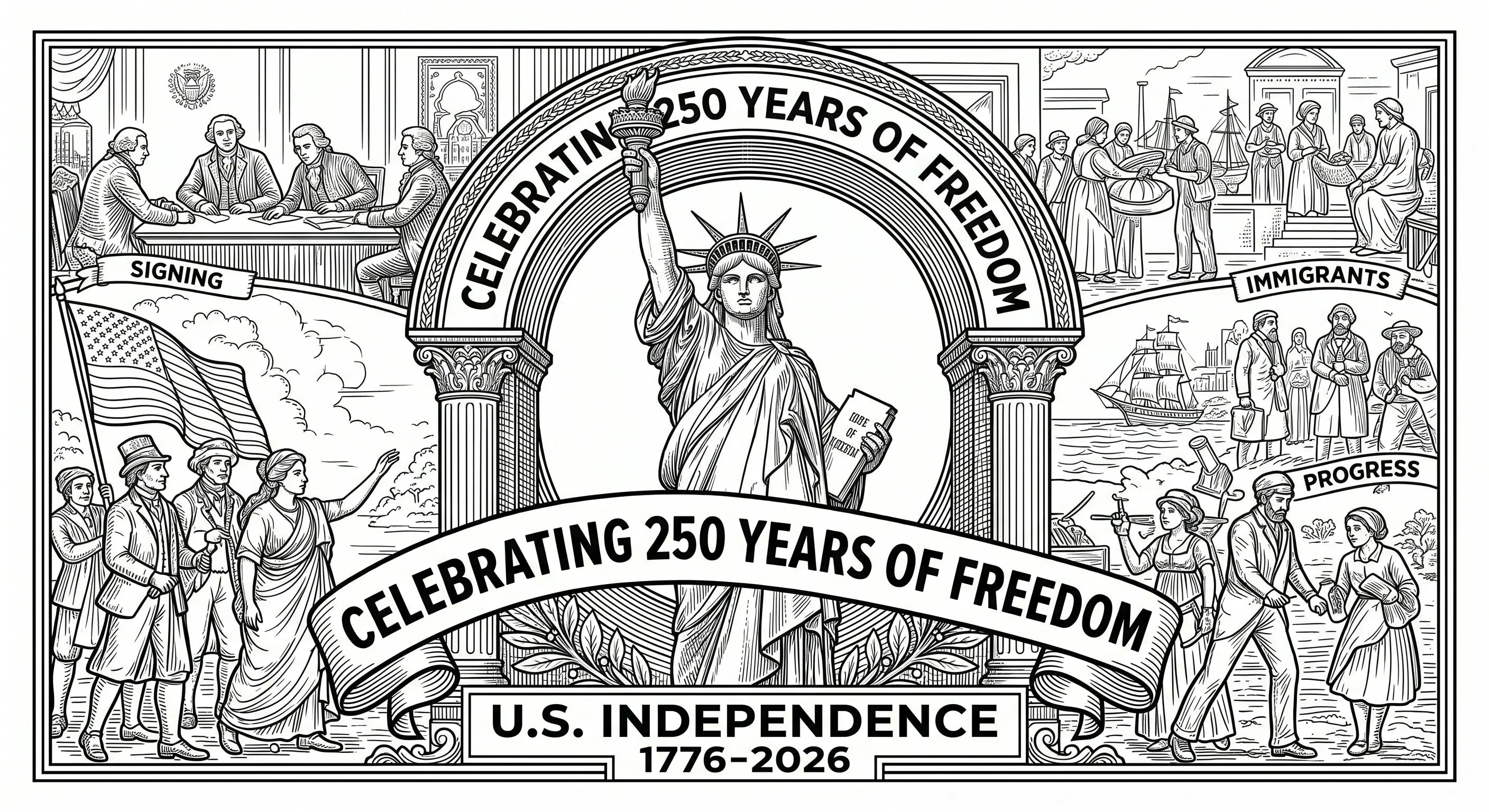 Black and white U.S. Independence 1776-2026 patriotic coloring page with the Statue of Liberty, historical figures, and celebratory banners for kids and family creative time.