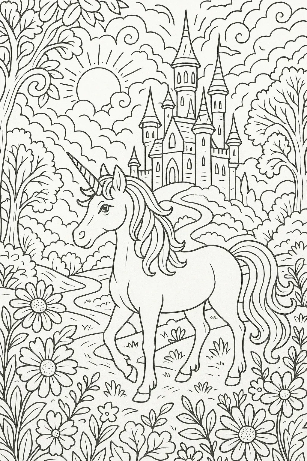 Black-and-white unicorn and castle line art for printable coloring page detailed coloring page, kids' coloring page, coloring sheets, and printable coloring page ready to print.
