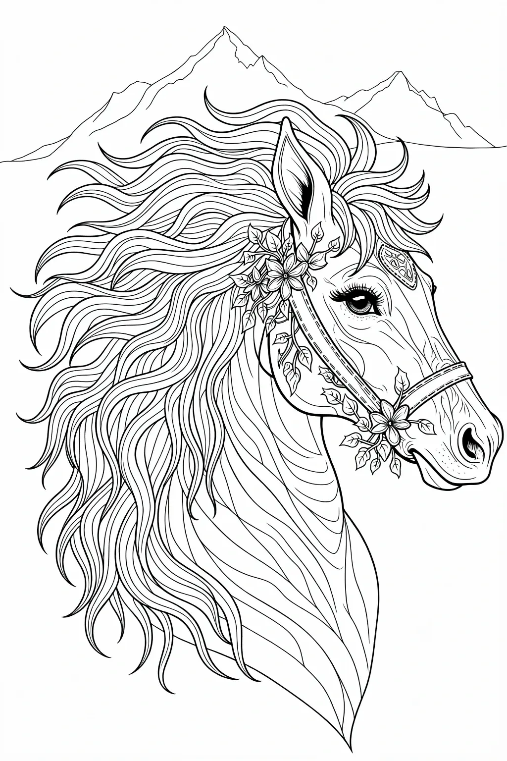 Detailed black and white coloring page of a horse head with flowing mane, floral bridle, and mountains in the background.