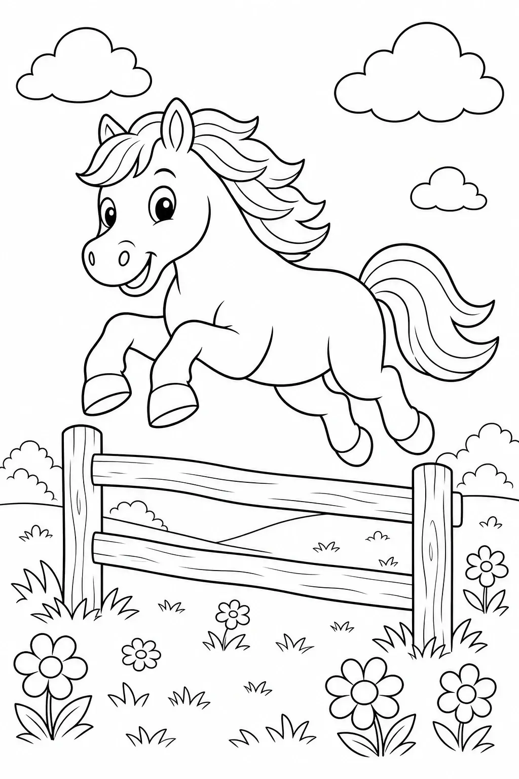 Black and white coloring page of cute cartoon horse jumping over a wooden fence with clouds and flowers in the background