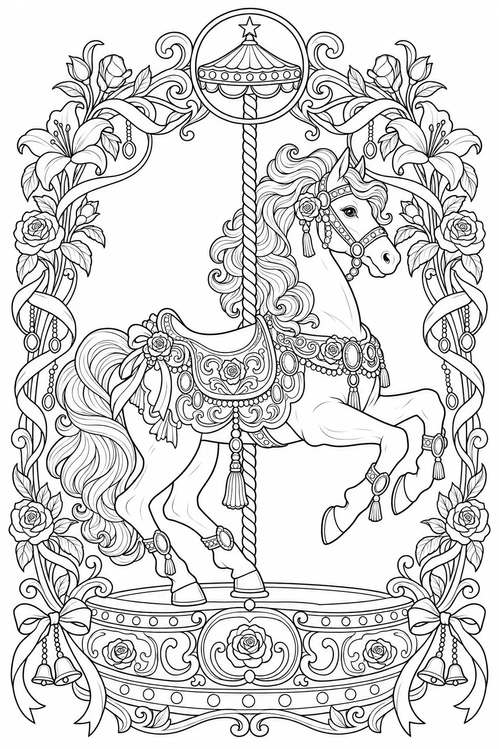 An ornate carousel horse coloring page with flowers, ribbons, and a decorative carousel frame.